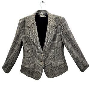 Della Spiga Vintage 80s Tweed Plaid 2 Metal Button Ladies Corpcore Blazer Jacket